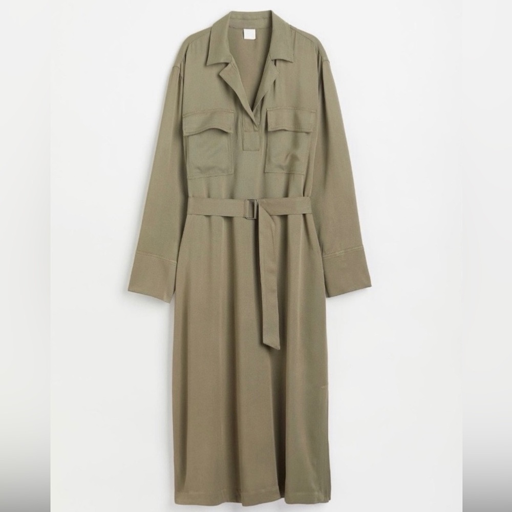 New with Tags - Olive Green H&M XXL Belted Collared Midi Dress